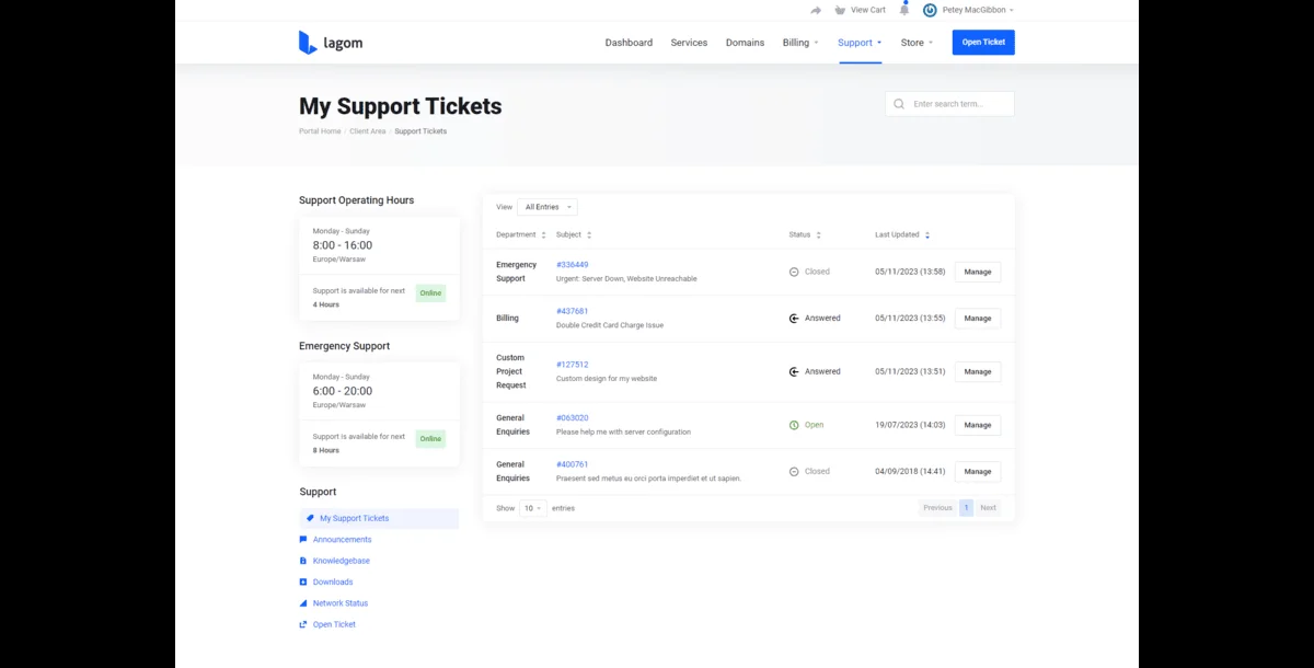 Support Hours for Lagom WHMCS Client Theme